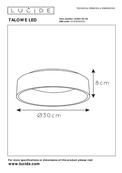 Lucide TALOWE LED - Plafonnière - Ø 30 cm - LED Dimb. - 1x20W 3000K - Zwart - technisch